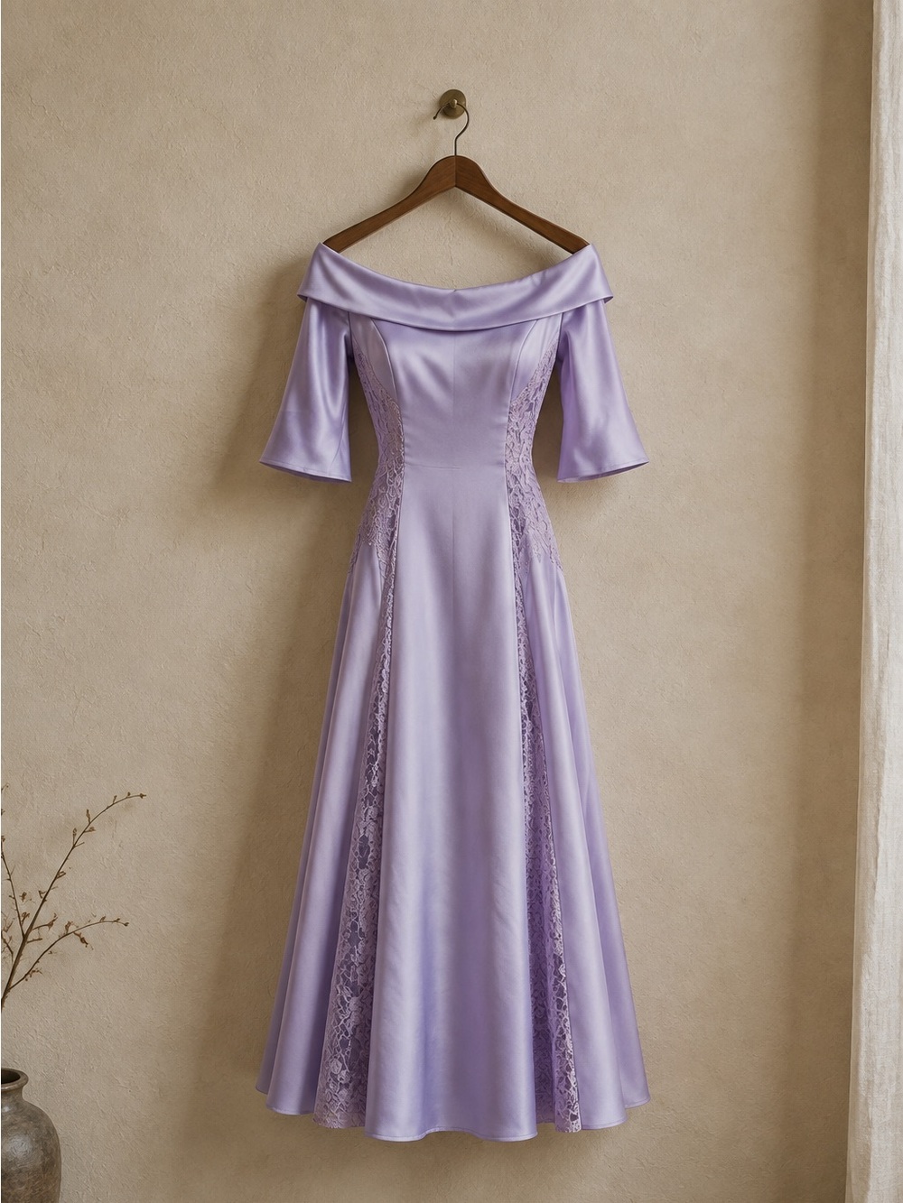 Off-Shoulder Lavender Satin Evening Dress